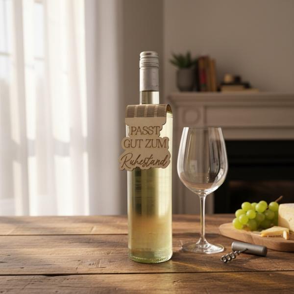 Handgefertigter Flaschenanhänger aus Birkenholz mit gelaserter Gravur zum Ruhestand, dekorativ an einer Weinflasche angebracht.